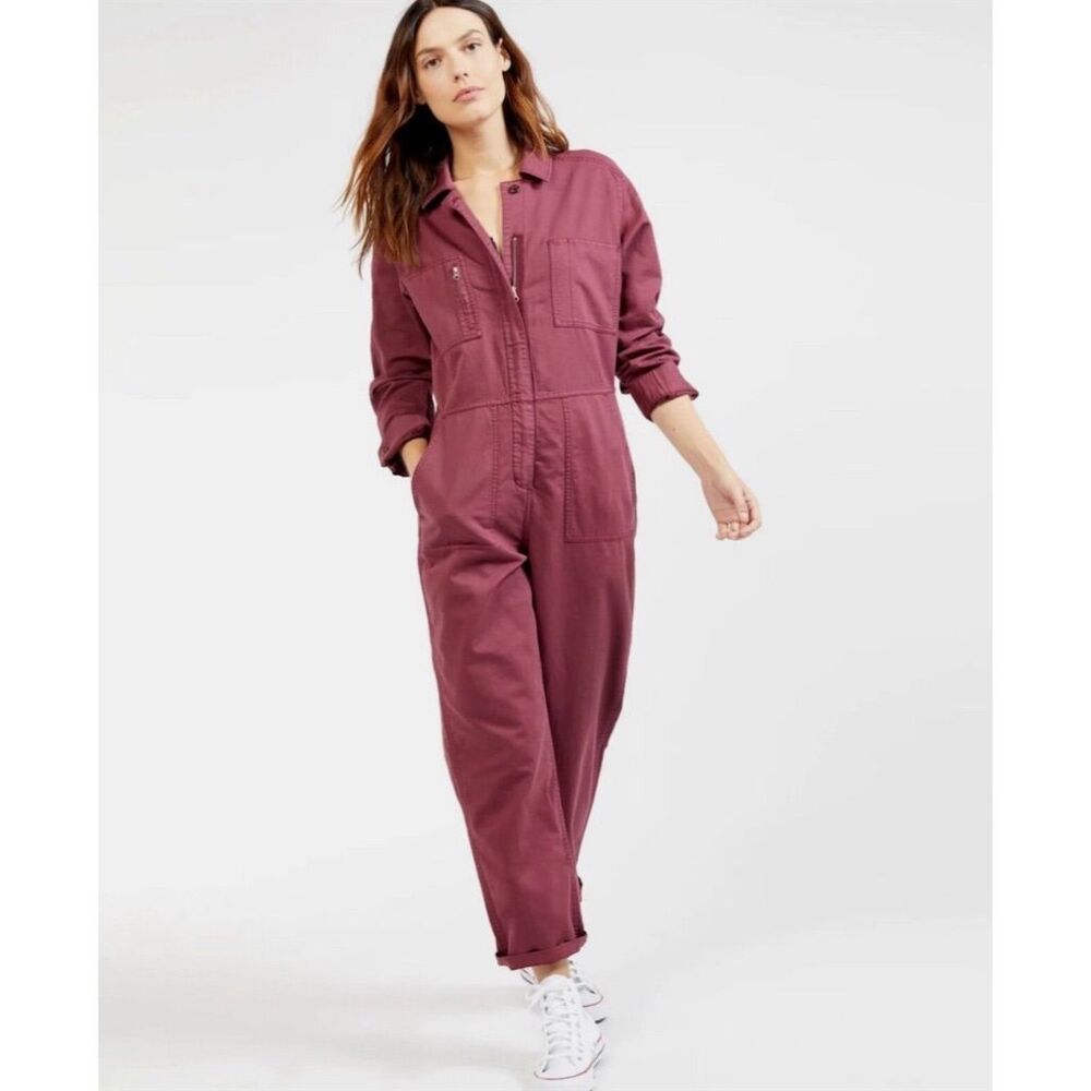 Outerknown Women's Station Jumpsuit in Mauve Maroon Long Sleeve Zip Up - Picture 2 of 11